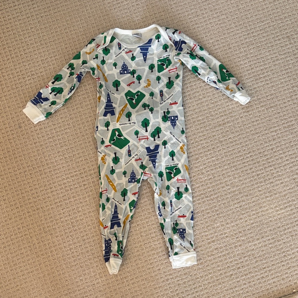 Petit Bateau Kids Footie with Green, Blue, and Yellow Pattern